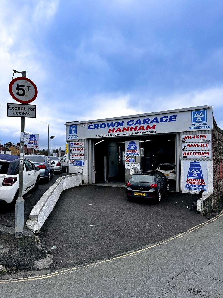Crown Garage Hanham drive-through MOT test centre on Bryants Hill, Bristol